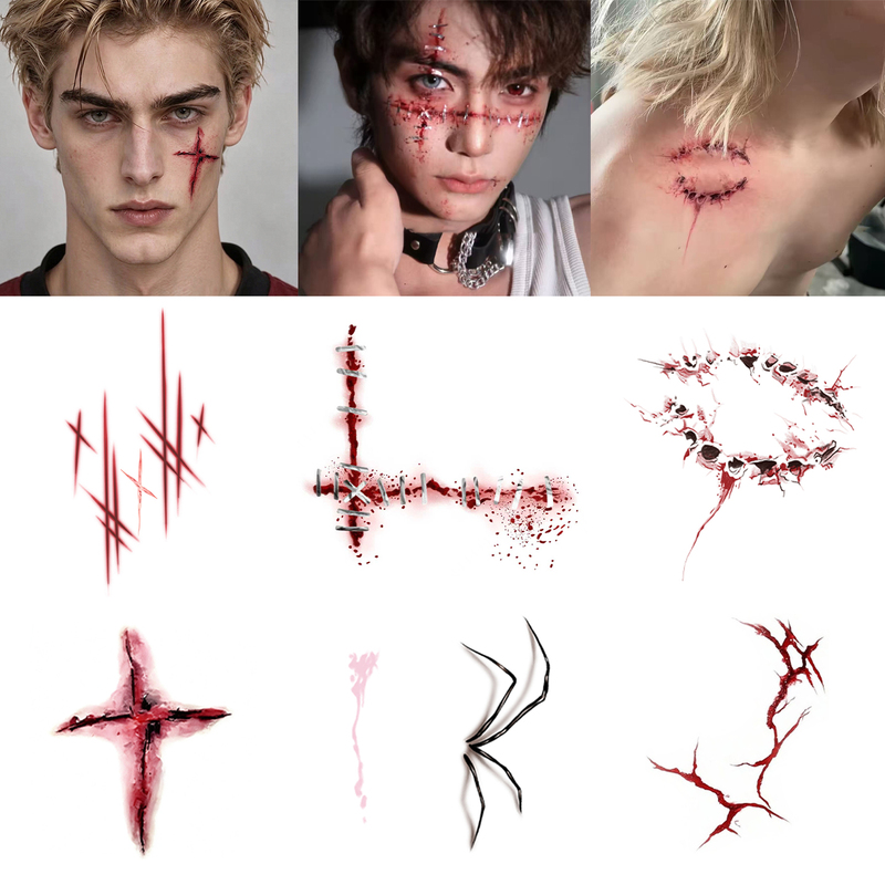 Halloween Scar Tattoo Stickers for Men, Bloody Stitched Cross Bite Marks, Cracks, Cosplay Fake Wound Stickers, Npc