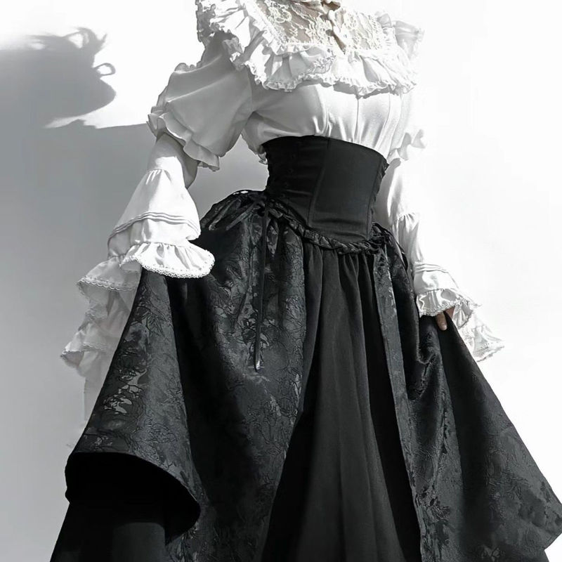 Lady Enamel Lolita Gothic Lolita Nun Cosplay Costume Long Dress Shirt with Sleeves Elegant Set a