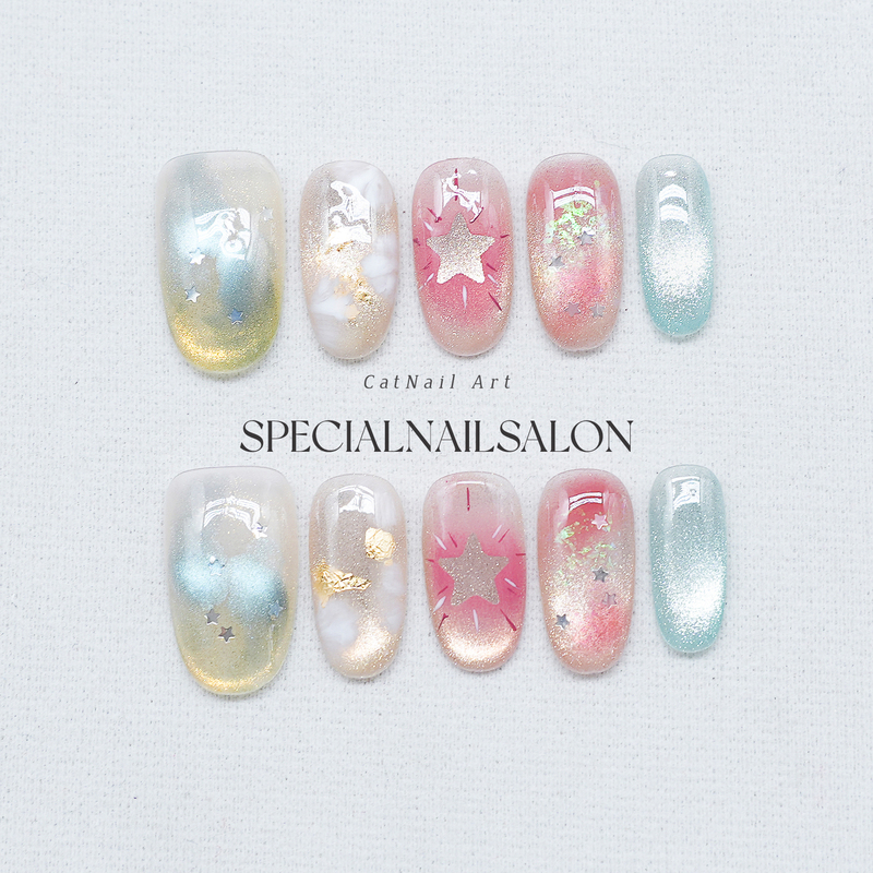 【Radiant Rainbow】Handmade Wearable Nails, Super Beautiful 2026 New Style, Gradient Summer Dopamine Cat Eye Nail Art