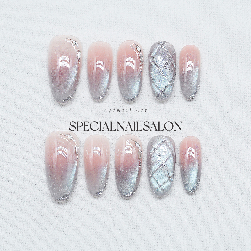 [Tears Turn into Blue] Handmade Wearable Nails with Gradient Pink and Gray Cat-Eye Rhinestone Decorations, Personalized Spring and Summer Nail Art