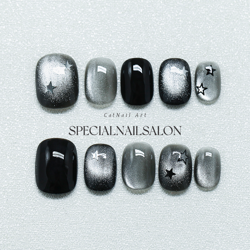 【Star Night Song】Handmade Wearable Nails Dark Style Obsidian Sparkling Star Cat's Eye Whitening Nail Stickers