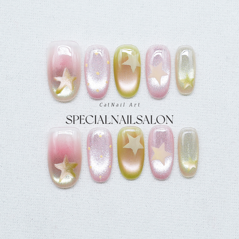 【Green Bamboo Guava】Handmade Wearable Nails Spring/Summer Super Popular Mint Green Gradient Cat Eye High-End Nail Stickers