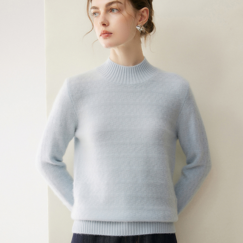 Kangseni Seven-Needle A-Lan Flower Light Luxury Minimalist Style Pure Cashmere Sweater for Women, Half-Turtleneck Pullover Knit Sweater, Lazy Style