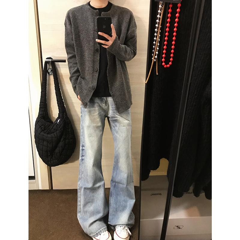 American Retro Gray Wool Blend Cardigan Button-Up Crew Neck Sweater Early Autumn Lazy Style Versatile Top Jacket Trendy