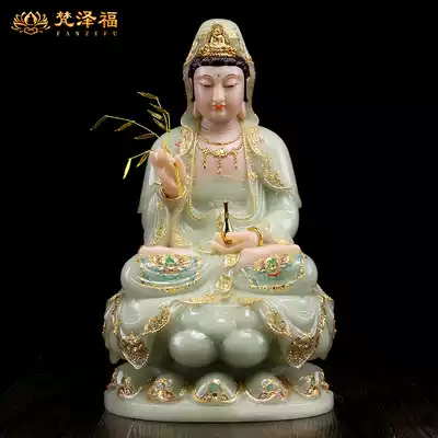 Stone carving white marble Guanyin Bodhisattva Buddha statue for furnishings home living room enamel color inlaid gold Nanhai Guanyin seat statue