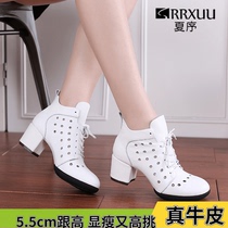 Real Leather Square Dance Shoes Womens Style Spring Summer New Middle Heels Dance Shoes Outwear Fashion Soft Underfoot Dancing Shoes