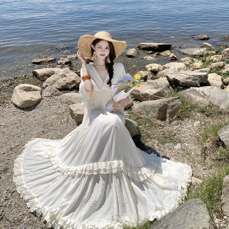 Dali Erhai Photo Shoot Outfit Dress, Thai Eco-Cotton Beach Vacation Style Heavy-Duty Large Swing Dress for Summer