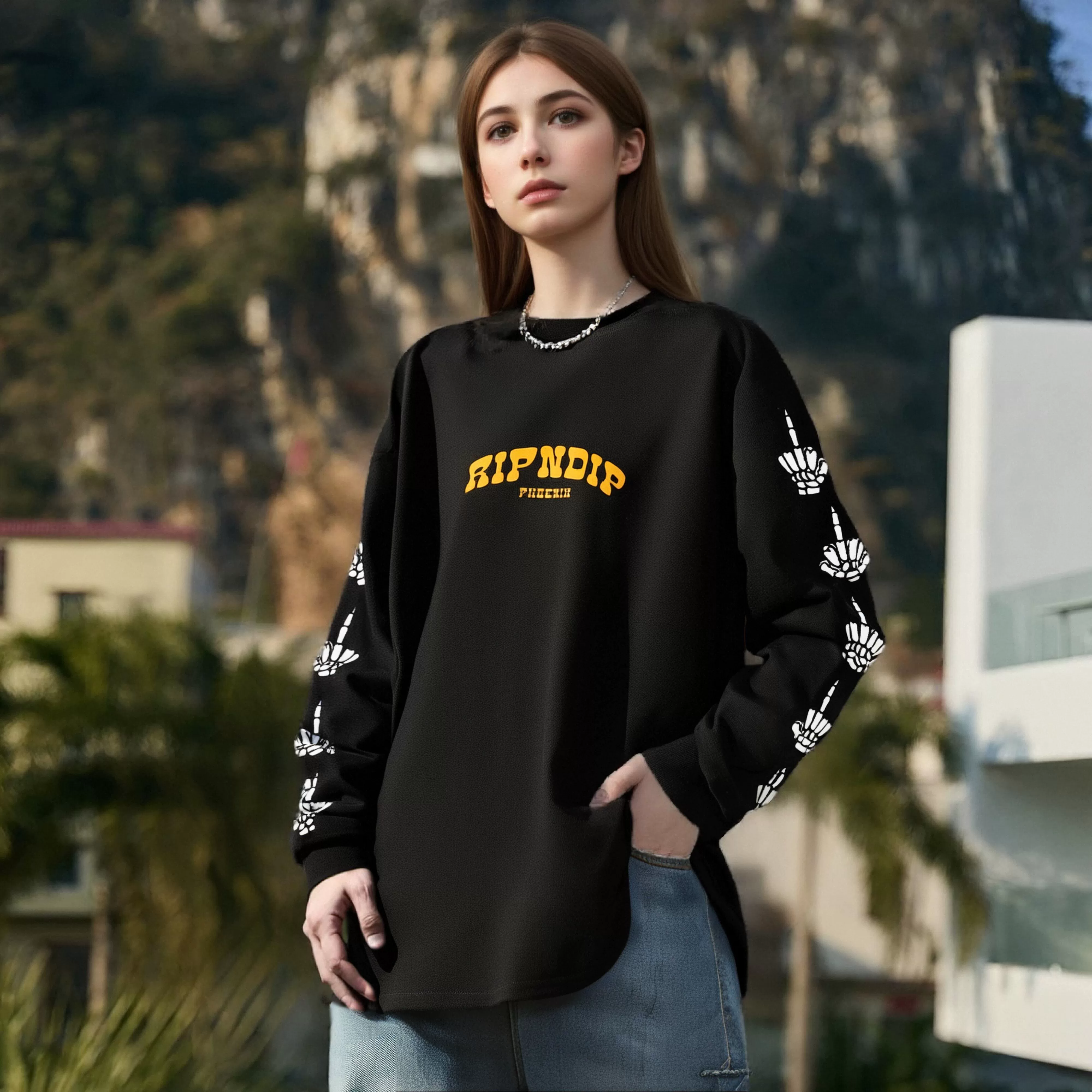Футболка с длинными рукавами RIPNDIP с изображением кошки, с средним пальцем, на телефон, летом и осенью для мужчин и женщин, повседневная, универсальная, толстая футболка