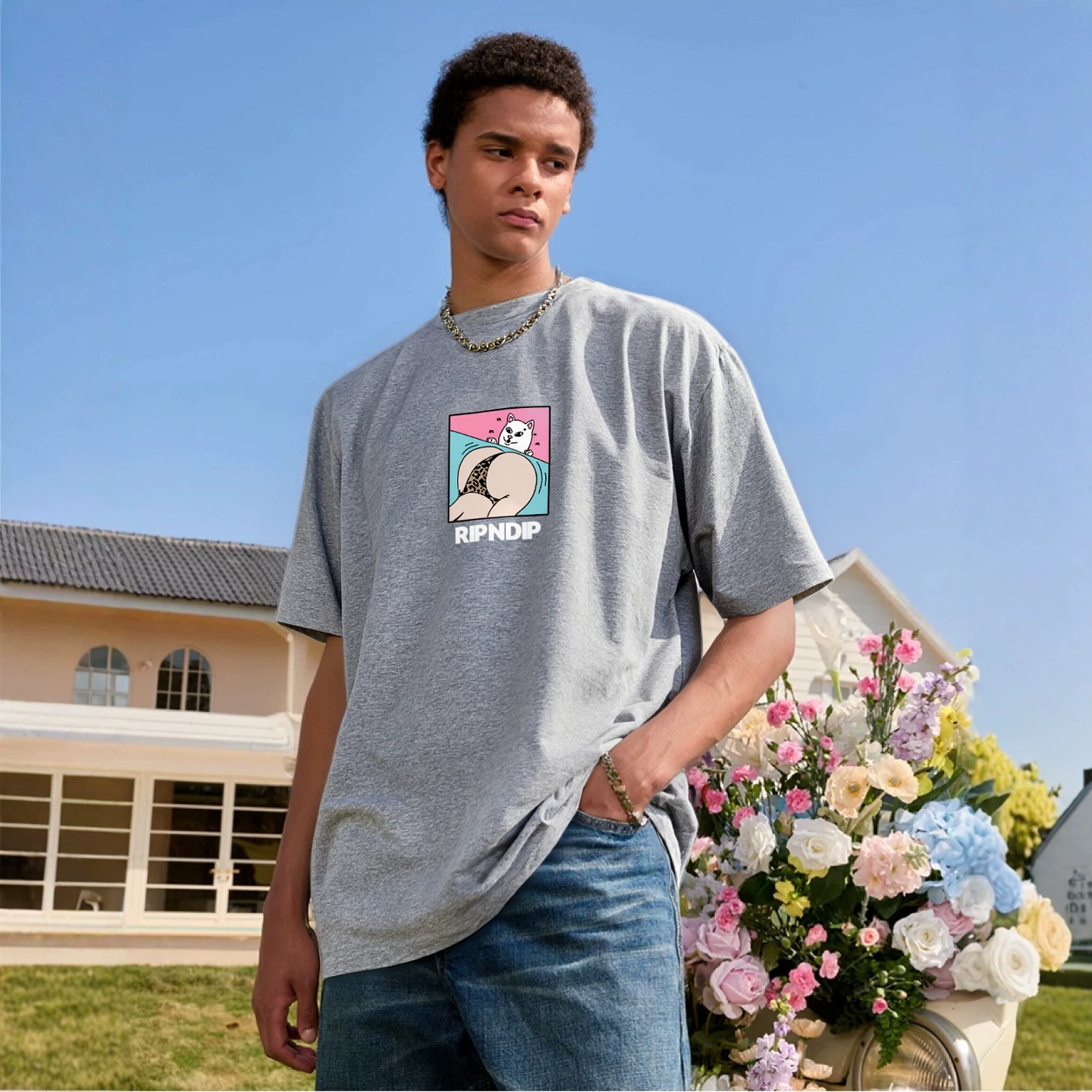 Футболка с коротким рукавом RIPNDIP Middle Finger Cat American Cotton Spoof PEACHES Peaches and Cats для мужчин и женщин, пара