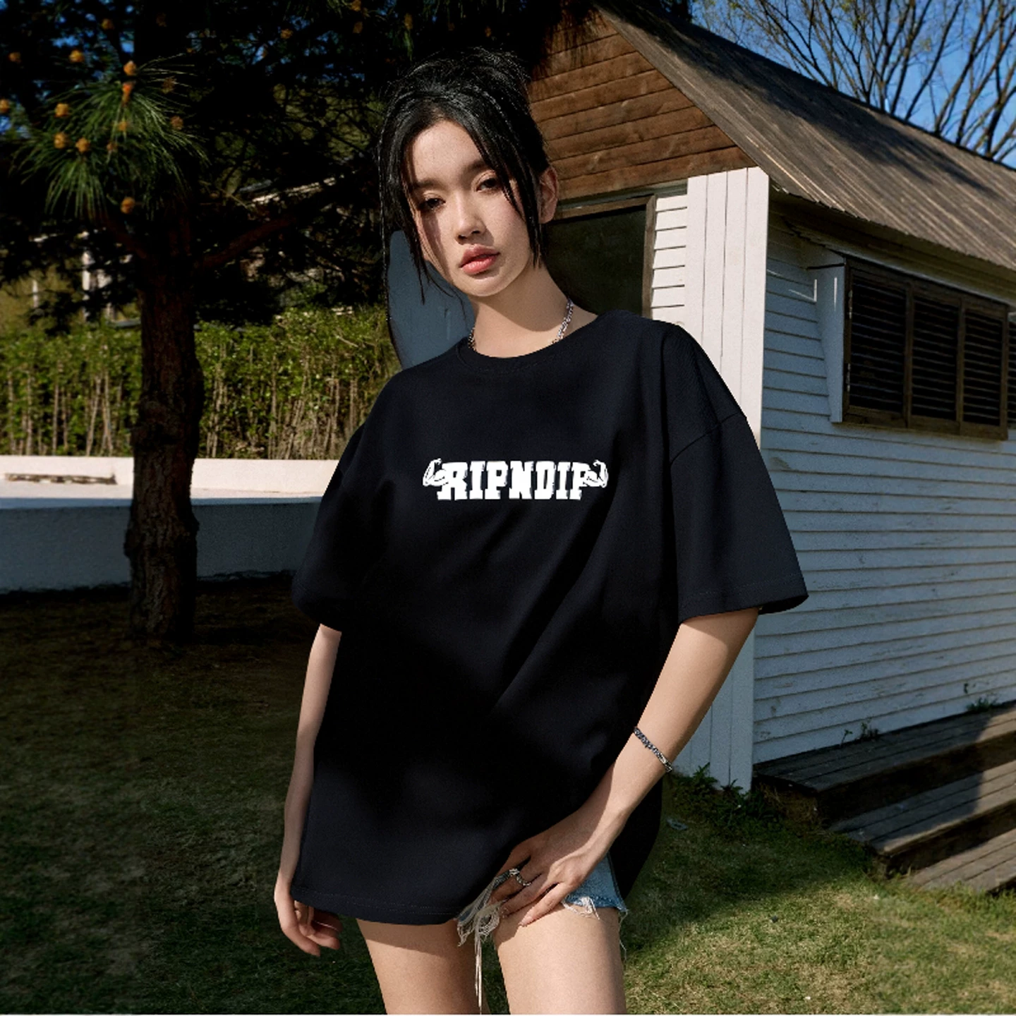 Американская модная футболка RIPNDIP с короткими рукавами и изображением среднего пальца, для мужчин и женщин, пары, зеркальные отражения, красивый мужчина и кот MAGIC MIRROR