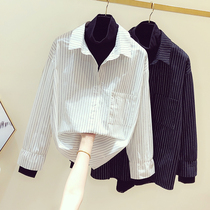 Fake two-piece striped shirt female design sense niche 2020 spring dress vintage Hong Kong flavor top Joker long sleeve shirt tide