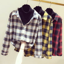Fake two-piece plaid shirt female design sense niche 2021 spring and autumn retro Hong Kong flavor shirt loose long sleeve top tide