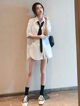 White shirt female design sense niche 2021 spring and autumn Korean loose shirt bf wind long bow tie coat tide