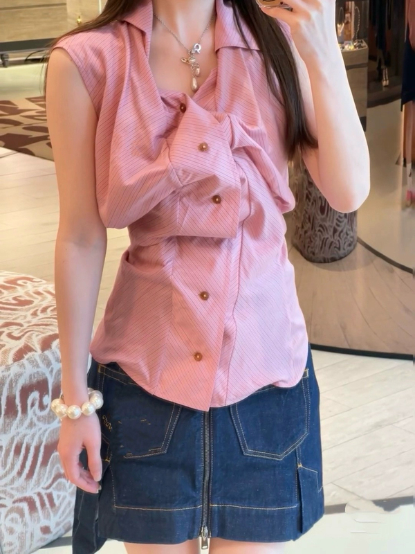 In Stock 25Ss Classic Drunkard Series Saturn Embroidery Pink Striped Vest Shirt Waist-Cinching Top for Women