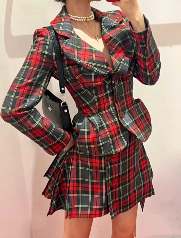 British Saturn Empress Style Irregular Red Plaid Classic Drunkard Suit Half-Skirt Suit for Women British Saturn Empress Style Irregular Red Plaid Classic Drunkard Suit Half-Skirt Suit for Women