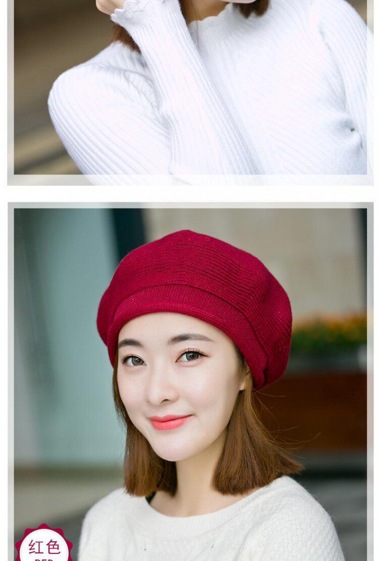 贝雷帽子女秋冬季韩版日系百搭羊毛针织毛线帽英伦画家帽冬天保暖详情8