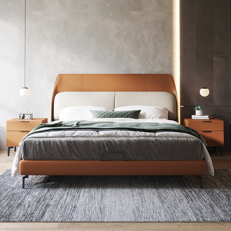 Light luxury leather bed Nordic modern minimalist master bedroom 1 8m double Italian minimalist small apartment leather art soft package wedding bed