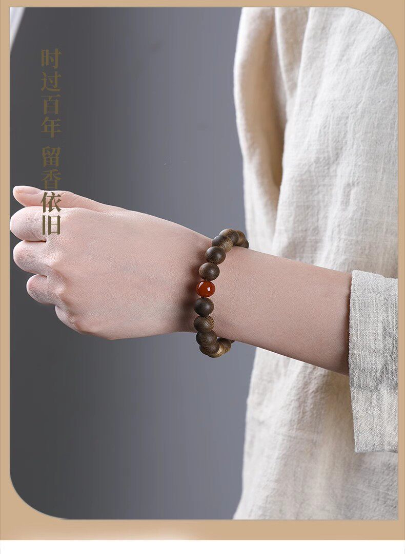 листья аквиларии 正品天然奇楠沉香手串本命年蜜蜡木质棋楠佛珠单圈手链女情侣款