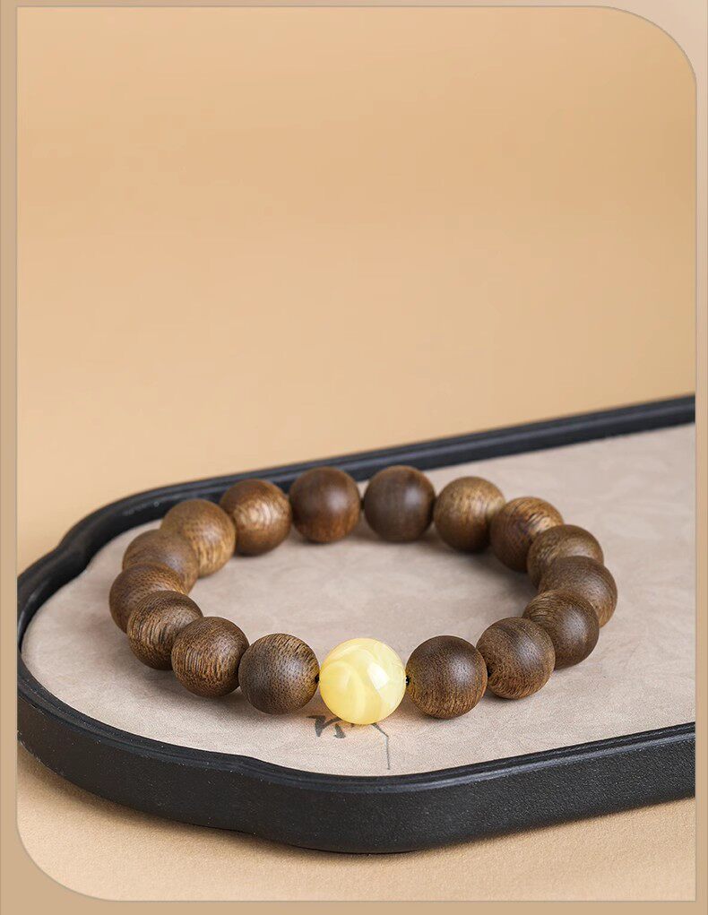 листья аквиларии 正品天然奇楠沉香手串本命年蜜蜡木质棋楠佛珠单圈手链女情侣款