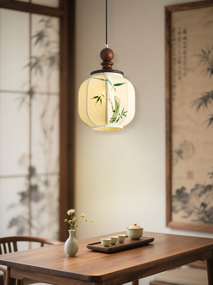 Song's Aesthetic Hand-Painted Fabric Shade Small Pendant Light, Vintage Bedside, Entryway, Bar Counter, Hallway, Solid Wood, High-End Zen Lighting Fixture
