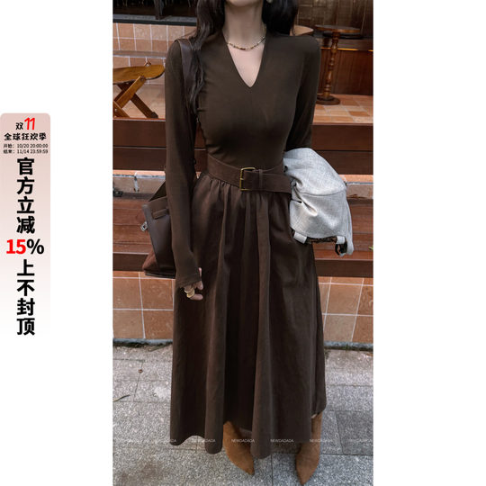 利达NEW DADADA【陌野】复古卡其长袖连衣裙女高腰显瘦A字百褶裙