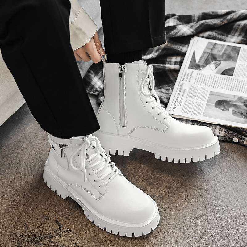 White Martin Boots for Men, Autumn High-Top Zipper Genuine Leather Thick-Soled Height-Increasing Simple British Style Fashion Boots for Men