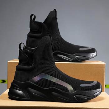 High-Top Men's Shoes, Autumn Breathable Shoes, Men's Casual Fly-Knit Socks, Sneakers, Men's Lightweight Soft-Soled Travel Shoes