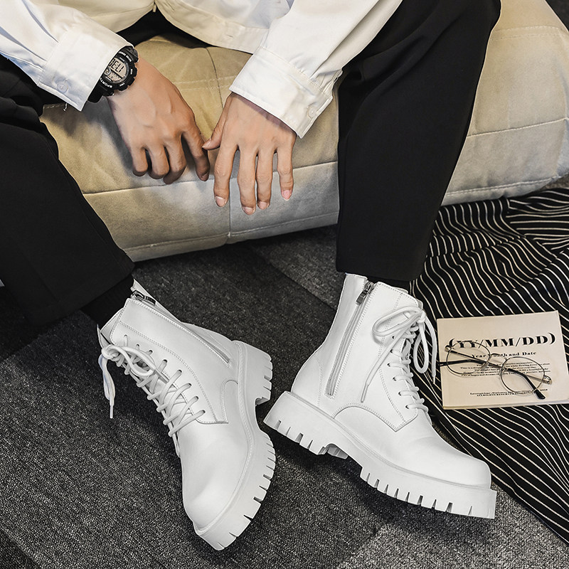 White Martin Boots for Men, Autumn High-Top Zipper Genuine Leather Thick-Soled Height-Increasing Simple British Style Fashion Boots for Men