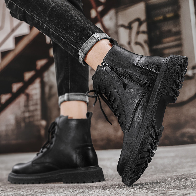 Men's Martin Boots, Autumn High-Top British Style Genuine Leather Casual Boots, Height-Increasing Black Workwear Motorcycle Short Boots
