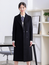 Long hair clothing in black professional clothing with belt winter closing and sales building work installation