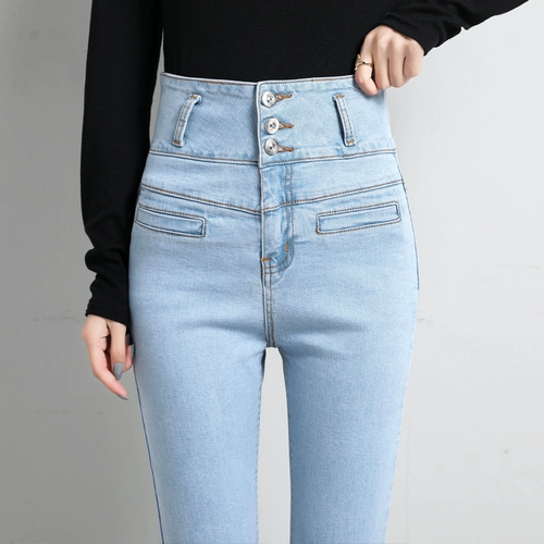 Синие цветные флисовые джинсы с начесом, демисезонные эластичные штаны, карандаш, высокая талия, по фигуре, в обтяжку