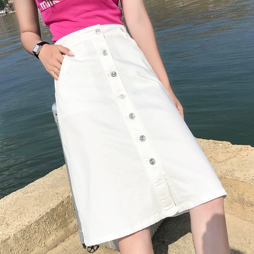 Летняя приталенная белая цветная длинная тонкая джинсовая юбка, в корейском стиле, высокая талия, А-силуэт