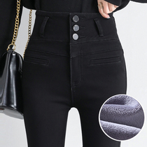 Autumn and winter black velvet thickened jeans womens high waist winter pants stretch thin tight trousers ins