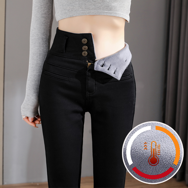 High Waist Plus Suede Jeans Women's Smoke Pipe Pants Winter New Korean Version Elastic slim Thickened Integrated Suede Pencil Pants