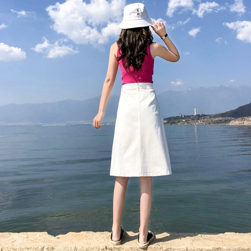 Летняя приталенная белая цветная длинная тонкая джинсовая юбка, в корейском стиле, высокая талия, А-силуэт