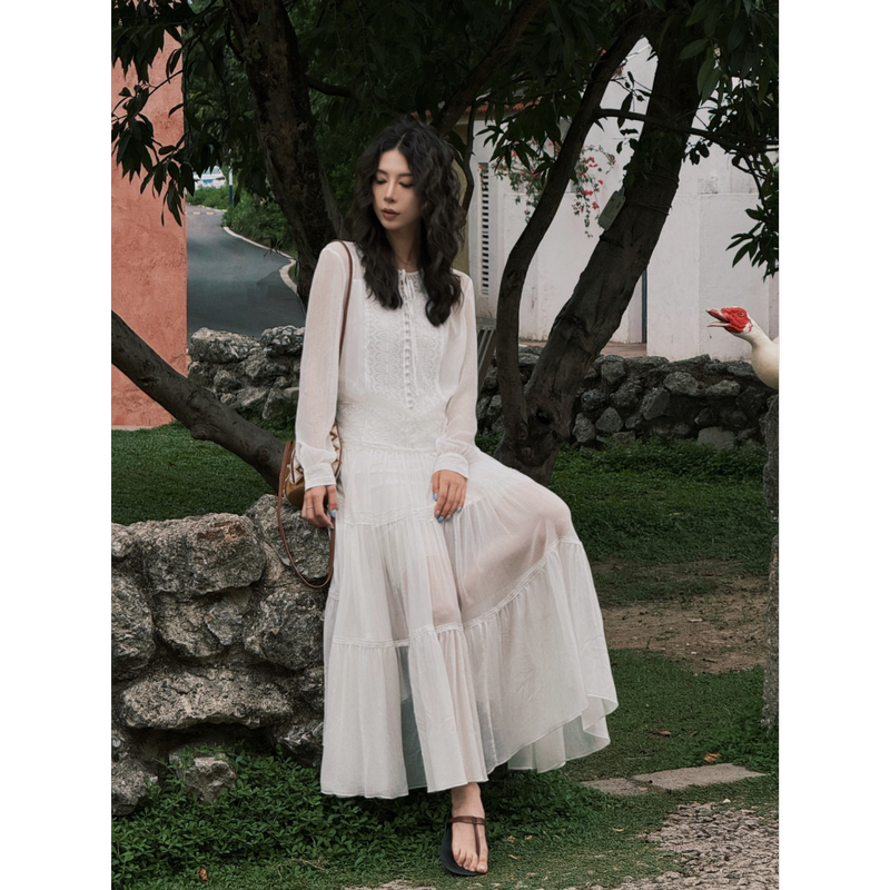 Nana Tall D&Mx Retro Romantic Lace Dress for Women, Waist-Cinching Slimming Gentle Style Layered Long Dress