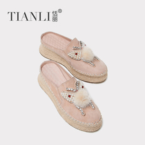 Tian Li 2020 new fashion bow thick-soled half-slippers womens bag head wear leather grass-woven muffin fisherman shoes