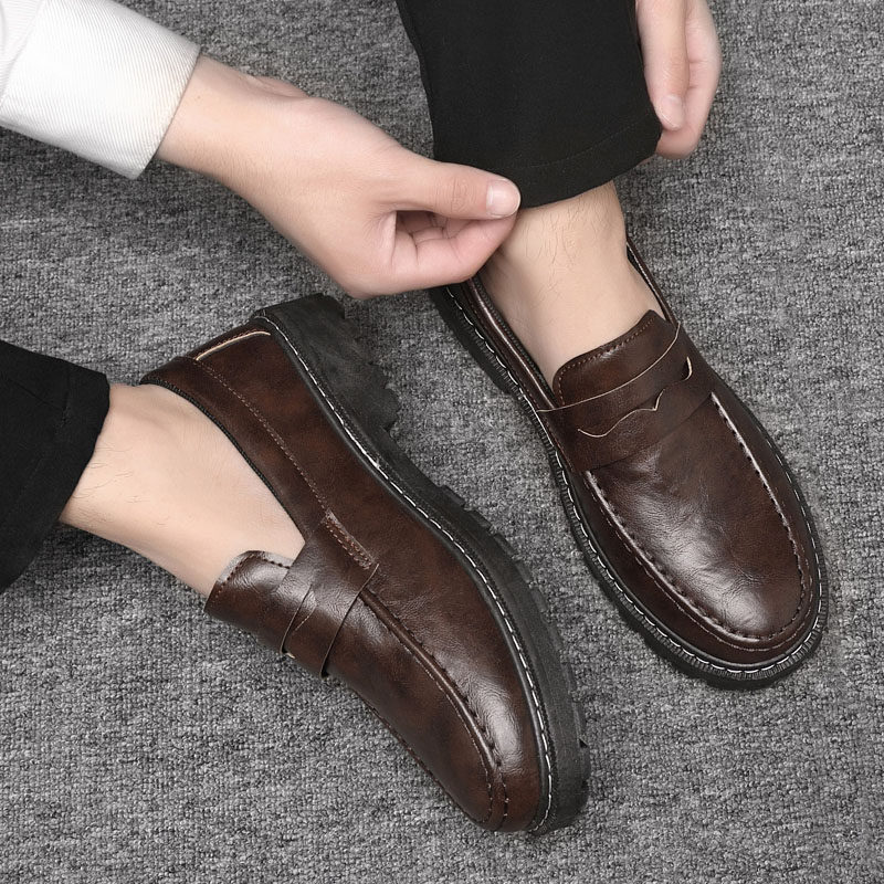 Autumn Leather Shoes for Men, Business Formal Low-Top Loafers, Slip-On Moccasins, Round-Toe Thick-Soled Casual Trendy Shoes