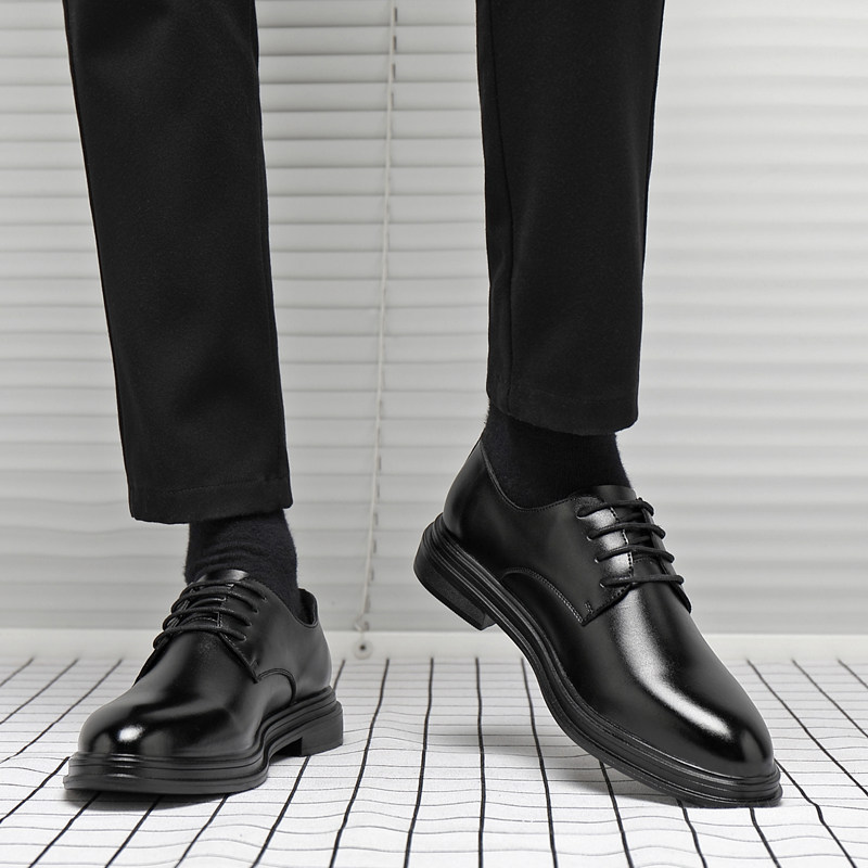 Autumn Leather Shoes for Men, Business Formal Wear, Genuine Leather, High-End Casual Wedding Groom's British Style, Height-Increasing Thick-Soled Pointed-Toe Shoes