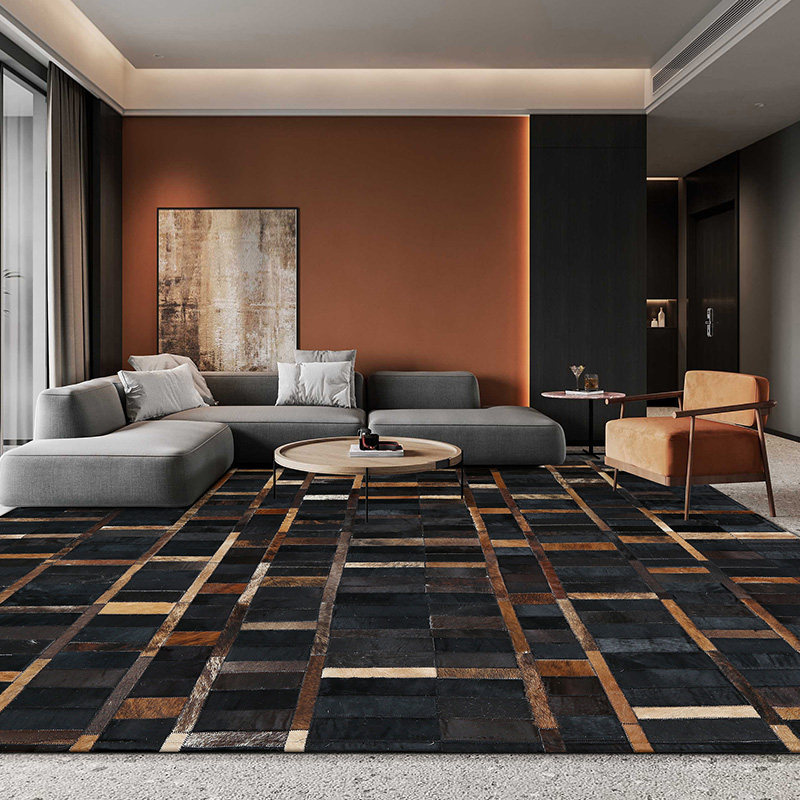 Modern minimal black gold bull skin splicing carpet light luxury living room home Nordic tea couple mats bedroom edge blanket
