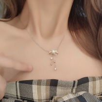 Pearl bow sterling silver necklace female choker light luxury niche design sense bracelet earrings advanced exquisite personality