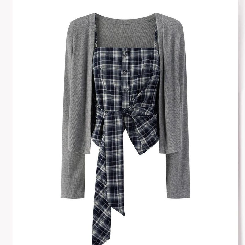 Korean-Style Plaid Gray Knitted Cardigan for Women, New Autumn Fashion, Age-Reducing, Sun-Protective Long-Sleeve T-Shirt Top Two-Piece Set Korean-Style Plaid Gray Knitted Cardigan for Women, New Autumn Fashion, Age-Reducing, Sun-Protective Long-Sleeve T-Shirt Top Two-Piece Set