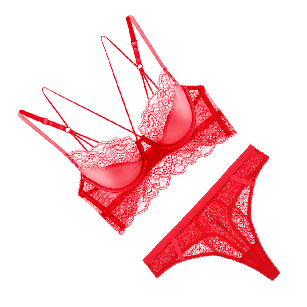 Benming year red bra women's transparent gather ultra-thin lace suit thong bra
