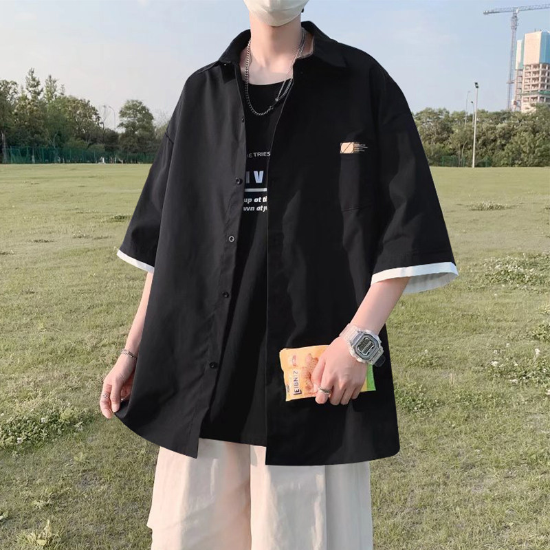 Shirt men's short-sleeved oversize lazy style ruffian handsome shirt jacket trend Hong Kong style fake two summer tops