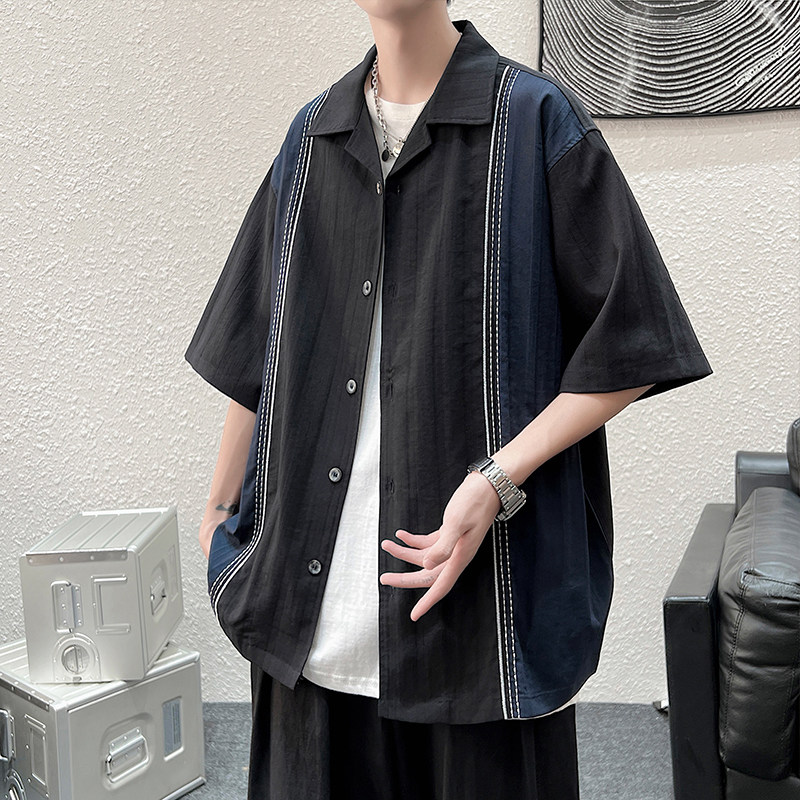 Splicing embroidery shirt men's short-sleeved tide brand Hong Kong style five-point sleeve top summer loose casual Japanese shirt half-sleeve