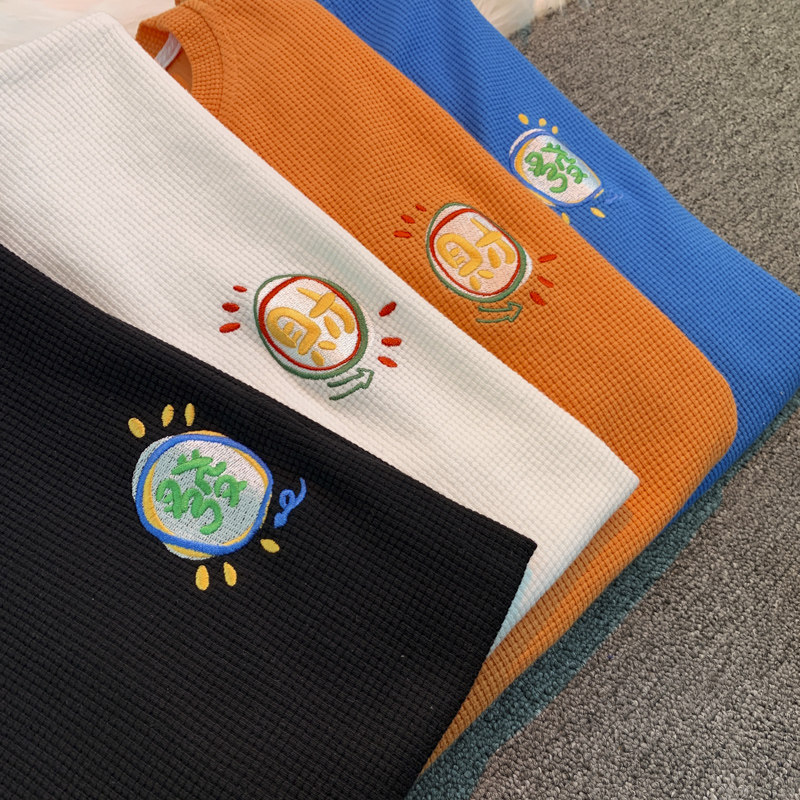 Waffle short-sleeved T-shirt men's tide brand ins Hong Kong style five-point sleeve top summer loose Japanese tide brand large size half sleeves