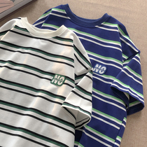 Striped T-shirt Boy Short Sleeve Loose Ins Chauded Port Wind 50% Sleeve Blouse Summer Day Mid-Sleeve Bottom Compassionate