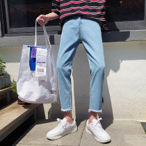 Jeans Summer men slim casual student Hong Kong style nine-point pants trend straight pants Summer small feet light pants