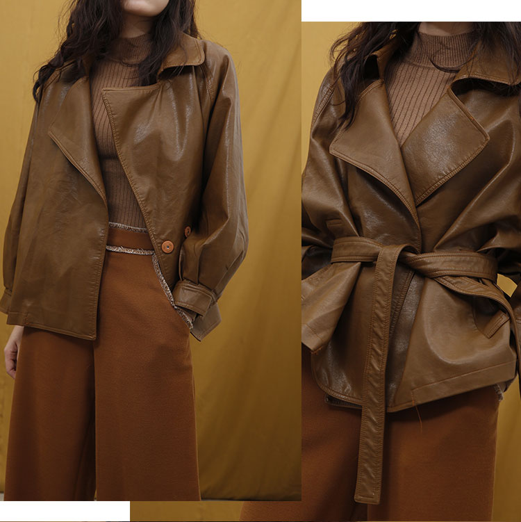 Uta đen slim chic ngắn áo khoác mùa thu và mùa đông mới tie eo BF dài tay áo slim PU leather jacket nữ ao khoac da nu