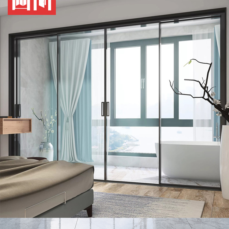 Extremely narrow side triple linkage glass ramen kitchen balcony living room compartment long iridescent glass aluminum alloy suspension wheel moving door